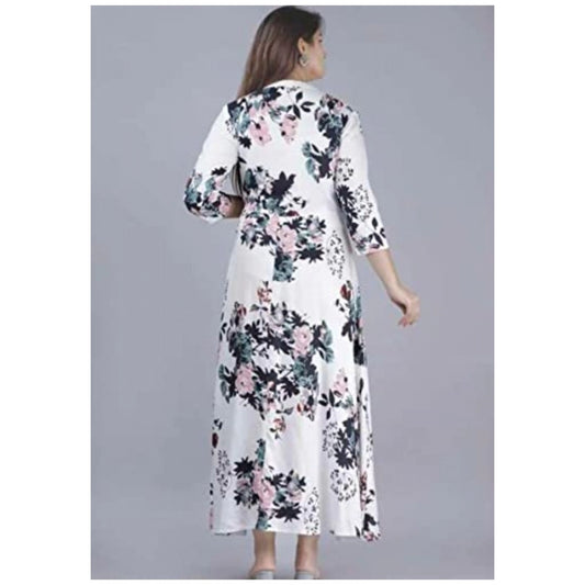Generic Women's Casual 3/4 Sleeve Printed Rayon Anarkali Gown (White)