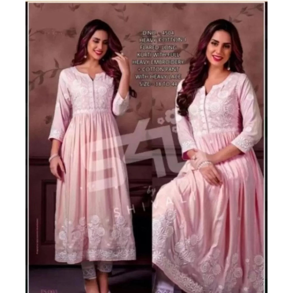 Generic Women's Casual 3/4 Sleeve Embroidered Rayon Anarkali Gown (Pink)