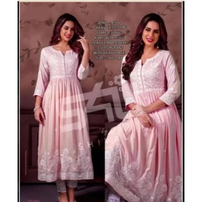 Generic Women's Casual 3/4 Sleeve Embroidered Rayon Anarkali Gown (Pink)