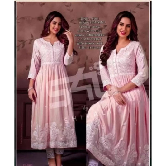 Generic Women's Casual 3/4 Sleeve Embroidered Rayon Anarkali Gown (Pink)