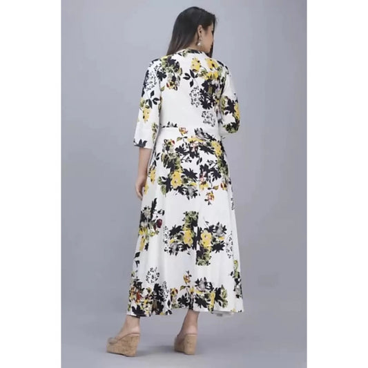 Generic Women's Casual 3/4 Sleeve Printed Rayon Anarkali Gown (Yellow)