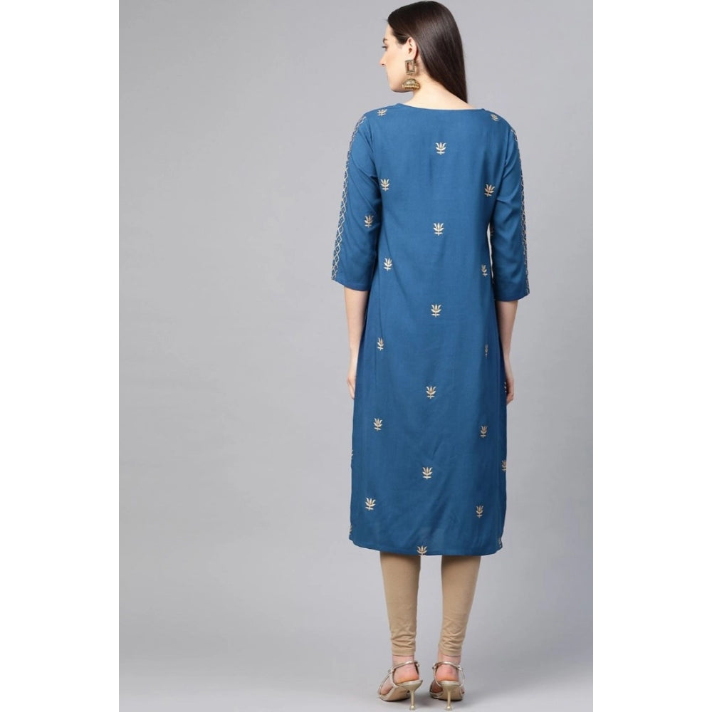 Alluring Women's Casual 3/4 th Sleeve Floral Printed Rayon Kurti (Blue)