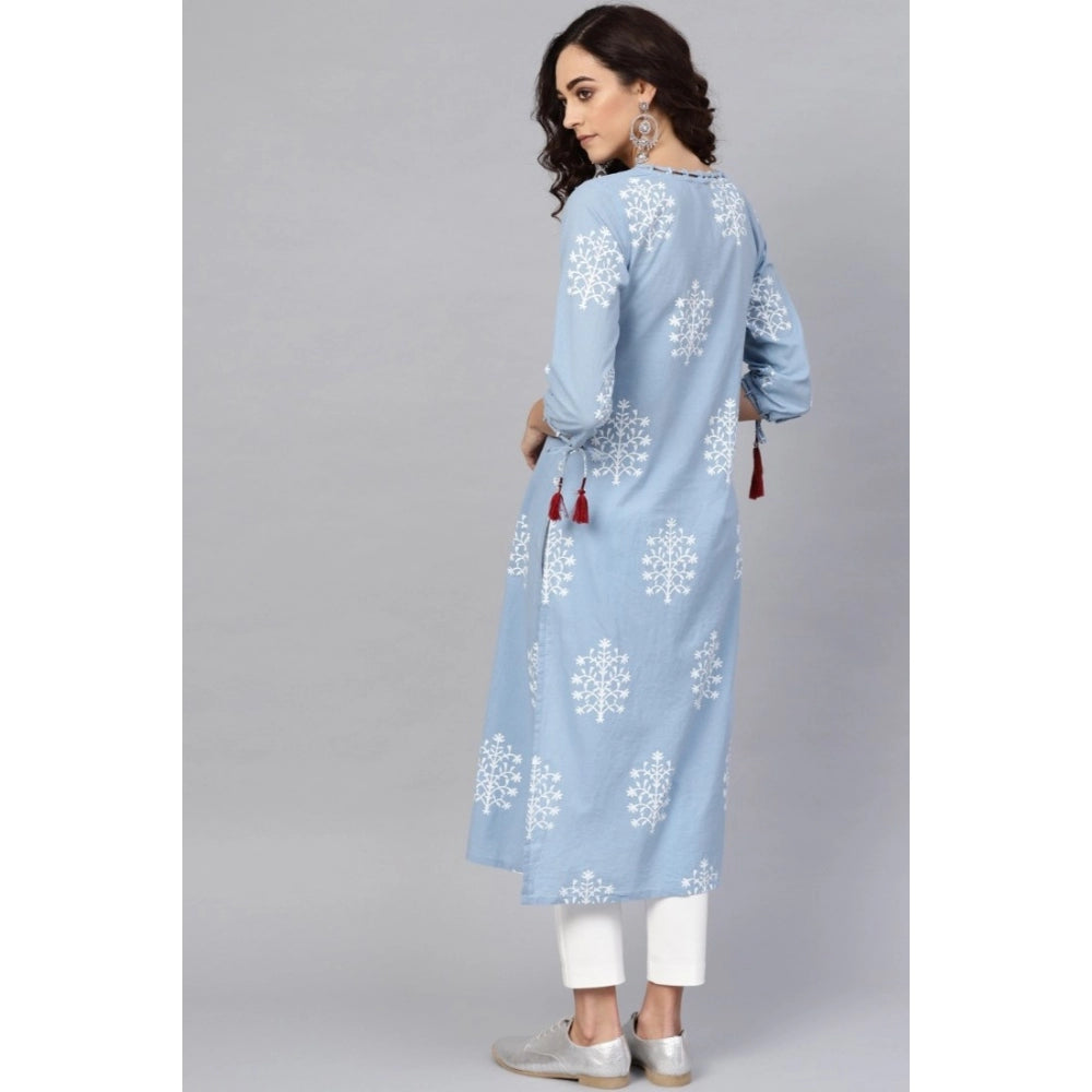 Classic Women's Casual 3/4 th Sleeve Embroidery Cambric Cotton Kurti (Blue)