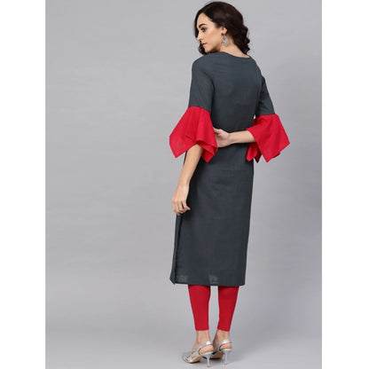 Ornate Women's Casual Bell Sleeves Mirror Work Cotton Slub Kurti (Grey)