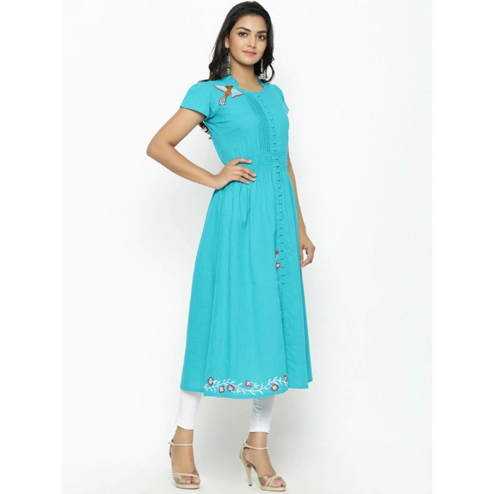 Grand Women's Casual Short Sleeve Embroidery Cotton Slub Kurti (Torque Green)