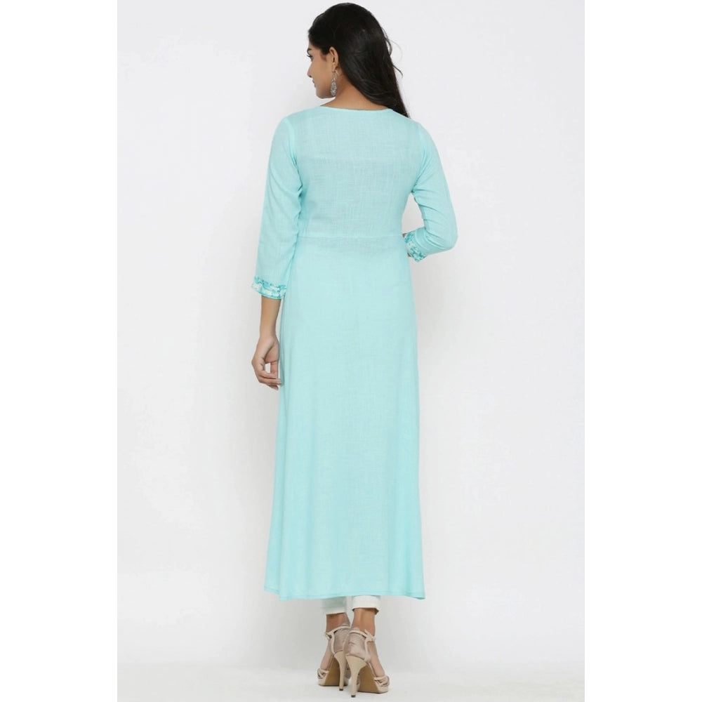 Alluring Women's Casual 3/4 th Sleeve Embroidery Rayon Kurti (Sky Blue)