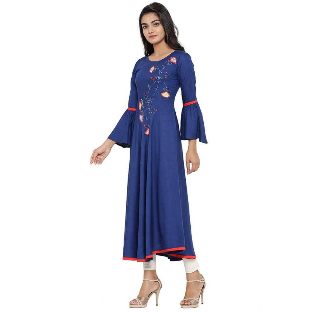 Charming Women's Casual Bell Sleeves Embroidery Rayon Kurti (Blue)