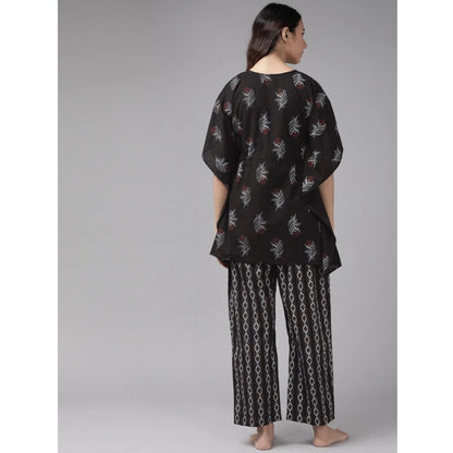 Generic Women's Casual Kimono Sleeve Floral Printed Cotton Pyjama Set (Black)