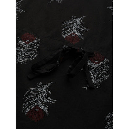 Generic Women's Casual Kimono Sleeve Floral Printed Cotton Pyjama Set (Black)