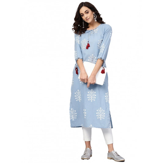 Classic Women's Casual 3/4 th Sleeve Embroidery Cambric Cotton Kurti (Blue)
