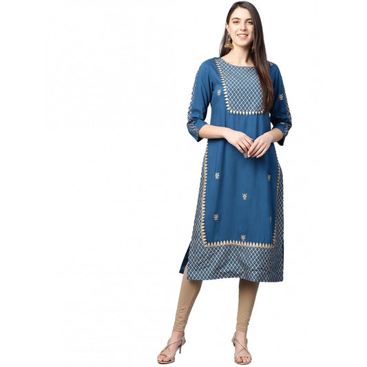 Alluring Women's Casual 3/4 th Sleeve Floral Printed Rayon Kurti (Blue)