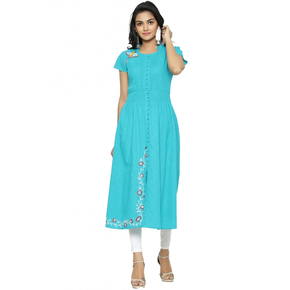 Grand Women's Casual Short Sleeve Embroidery Cotton Slub Kurti (Torque Green)
