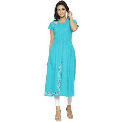 Grand Women's Casual Short Sleeve Embroidery Cotton Slub Kurti (Torque Green)