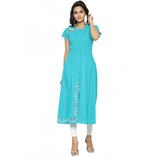 Grand Women's Casual Short Sleeve Embroidery Cotton Slub Kurti (Torque Green)