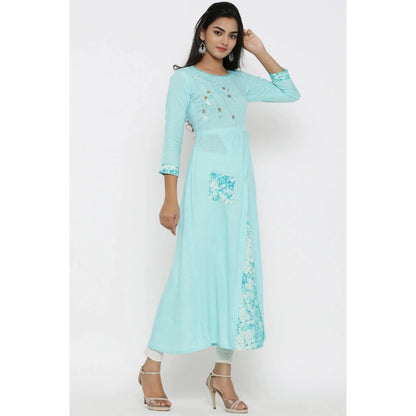 Alluring Women's Casual 3/4 th Sleeve Embroidery Rayon Kurti (Sky Blue)