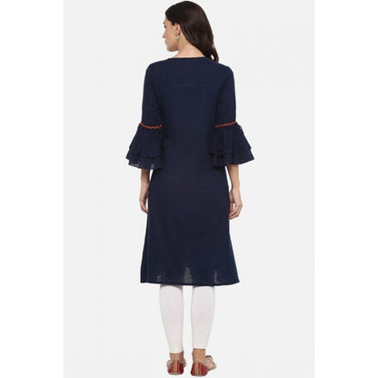 Embellished Women's Casual Bell Sleeves Solid Cotton Slub Kurti (Blue)