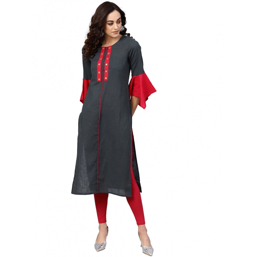 Ornate Women's Casual Bell Sleeves Mirror Work Cotton Slub Kurti (Grey)