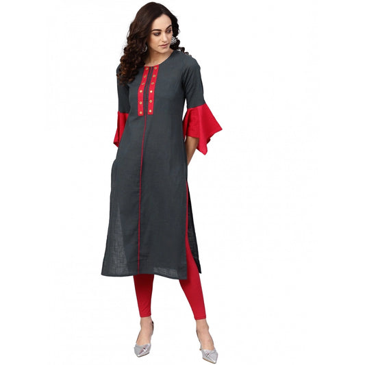 Ornate Women's Casual Bell Sleeves Mirror Work Cotton Slub Kurti (Grey)