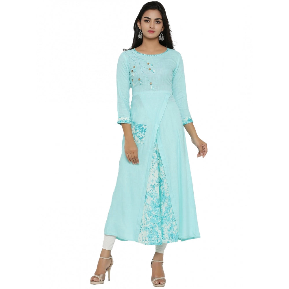 Alluring Women's Casual 3/4 th Sleeve Embroidery Rayon Kurti (Sky Blue)