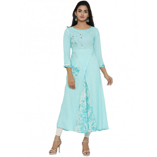Alluring Women's Casual 3/4 th Sleeve Embroidery Rayon Kurti (Sky Blue)