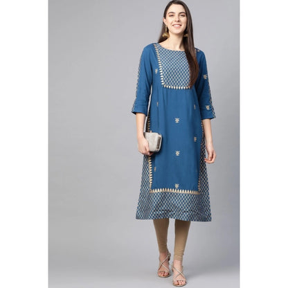 Alluring Women's Casual 3/4 th Sleeve Floral Printed Rayon Kurti (Blue)