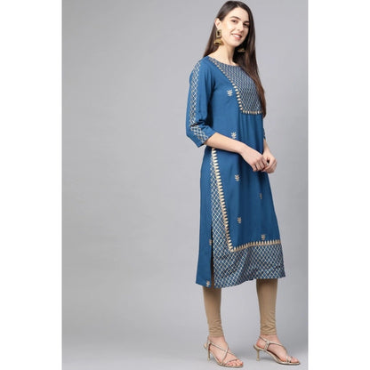 Alluring Women's Casual 3/4 th Sleeve Floral Printed Rayon Kurti (Blue)