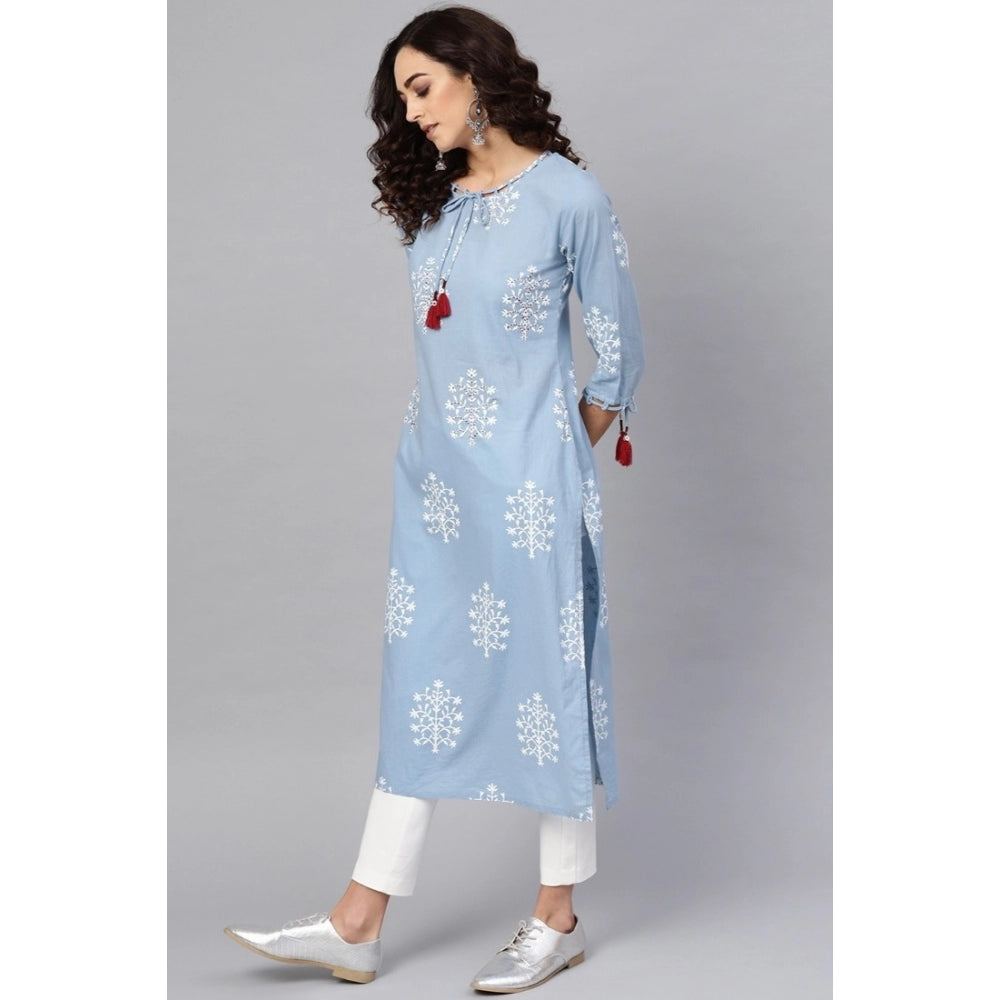 Classic Women's Casual 3/4 th Sleeve Embroidery Cambric Cotton Kurti (Blue)