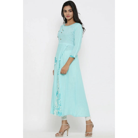 Alluring Women's Casual 3/4 th Sleeve Embroidery Rayon Kurti (Sky Blue)