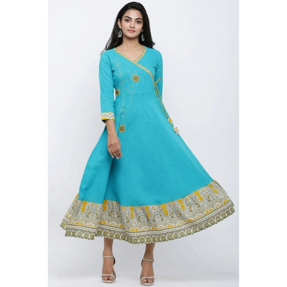 Charming Generic Women's Casual 3/4 th Sleeve Embroidery Cotton Blend Kurti (Torque Green)