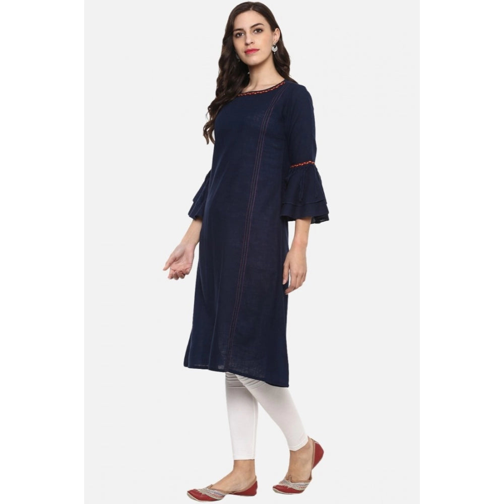 Embellished Women's Casual Bell Sleeves Solid Cotton Slub Kurti (Blue)
