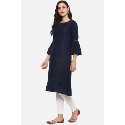Embellished Women's Casual Bell Sleeves Solid Cotton Slub Kurti (Blue)
