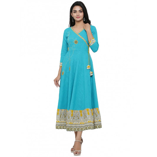 Charming Generic Women's Casual 3/4 th Sleeve Embroidery Cotton Blend Kurti (Torque Green)