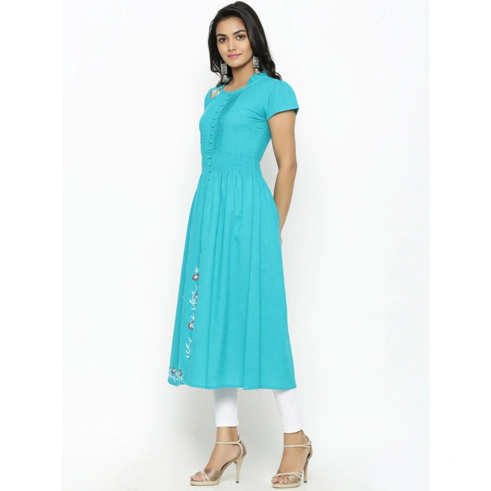 Grand Women's Casual Short Sleeve Embroidery Cotton Slub Kurti (Torque Green)