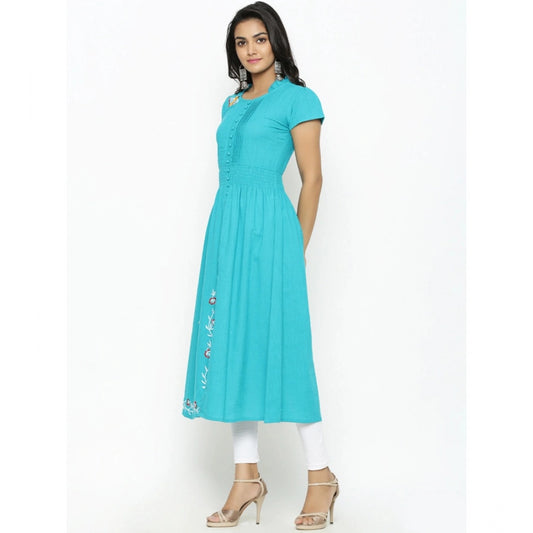 Grand Women's Casual Short Sleeve Embroidery Cotton Slub Kurti (Torque Green)