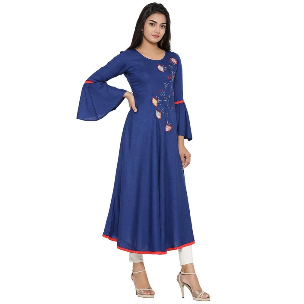 Charming Women's Casual Bell Sleeves Embroidery Rayon Kurti (Blue)