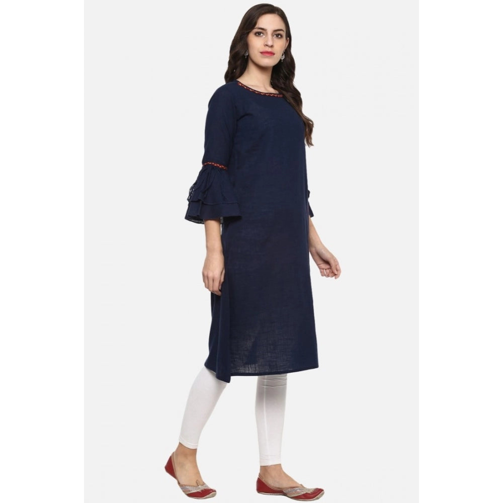 Embellished Women's Casual Bell Sleeves Solid Cotton Slub Kurti (Blue)