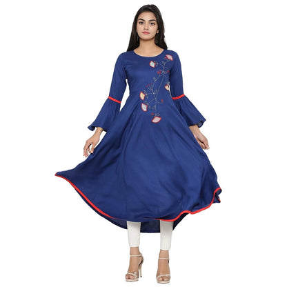 Charming Women's Casual Bell Sleeves Embroidery Rayon Kurti (Blue)