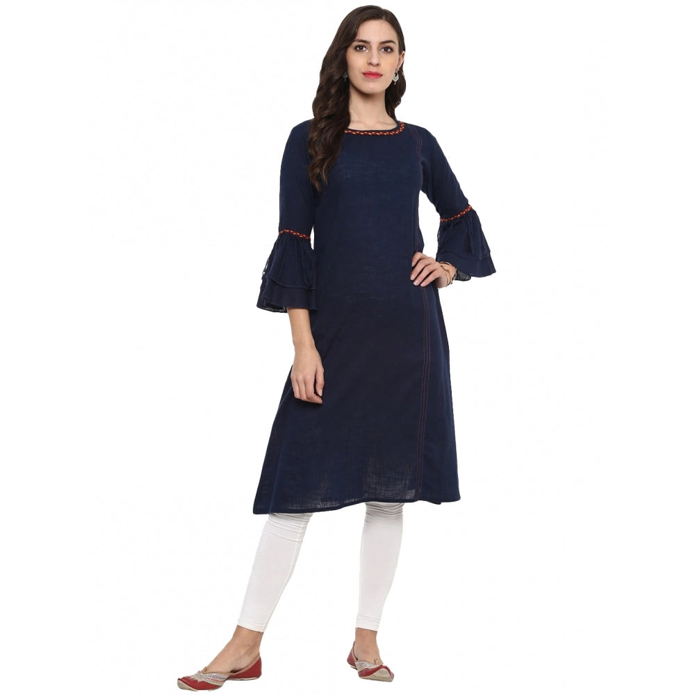 Embellished Women's Casual Bell Sleeves Solid Cotton Slub Kurti (Blue)