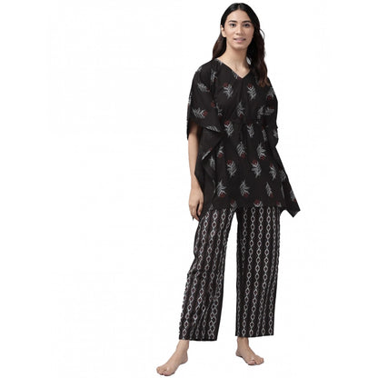 Generic Women's Casual Kimono Sleeve Floral Printed Cotton Pyjama Set (Black)
