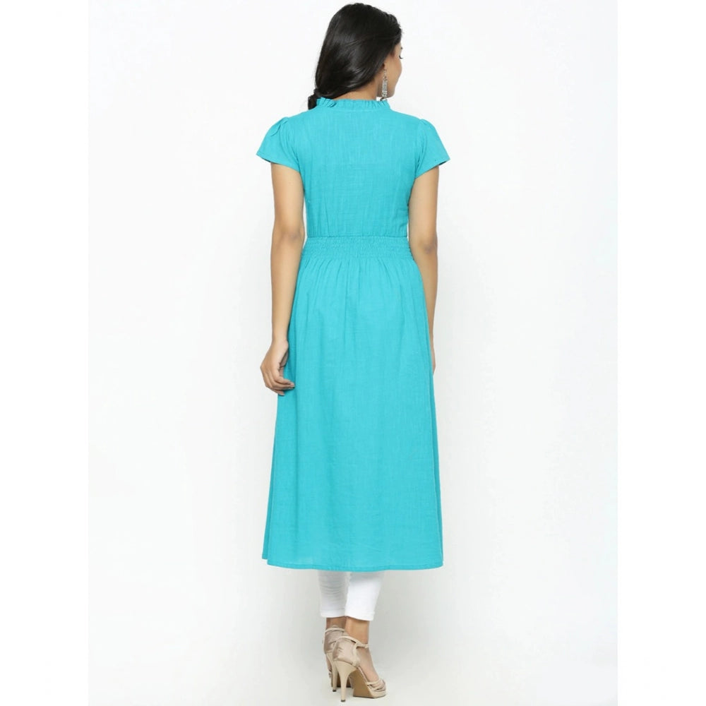 Grand Women's Casual Short Sleeve Embroidery Cotton Slub Kurti (Torque Green)