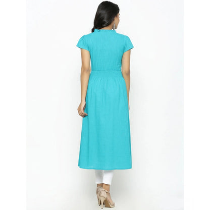 Grand Women's Casual Short Sleeve Embroidery Cotton Slub Kurti (Torque Green)