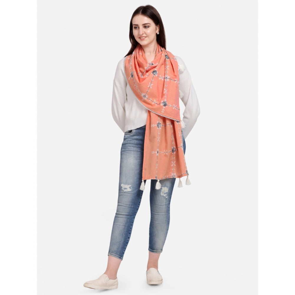 Generic Women's Cotton Opaque Stole (Peach, Length: 1.5 to 2 Mtr)