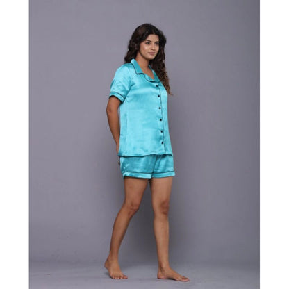 Generic Women's Casual Satin Half Sleeve Night Suit Set (Turquoise)