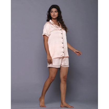 Generic Women's Casual Satin Half Sleeve Night Suit Set (Orange)