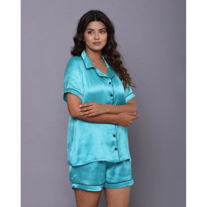 Generic Women's Casual Satin Half Sleeve Night Suit Set (Turquoise)