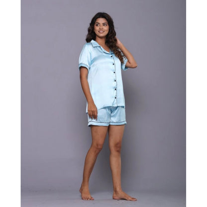 Generic Women's Casual Satin Half Sleeve Night Suit Set (Blue)