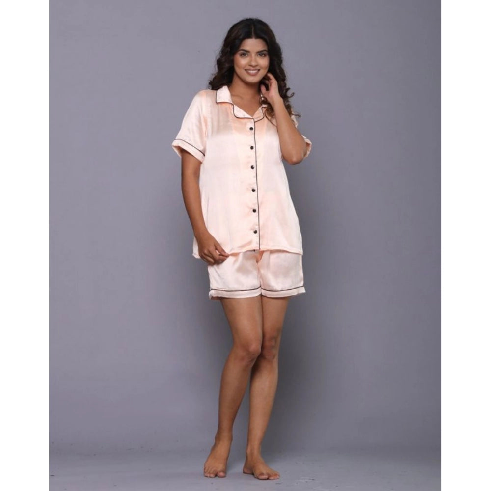 Generic Women's Casual Satin Half Sleeve Night Suit Set (Orange)