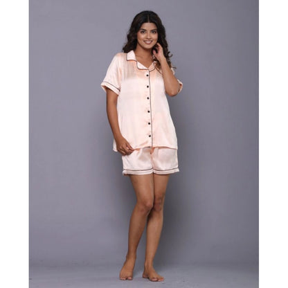 Generic Women's Casual Satin Half Sleeve Night Suit Set (Orange)