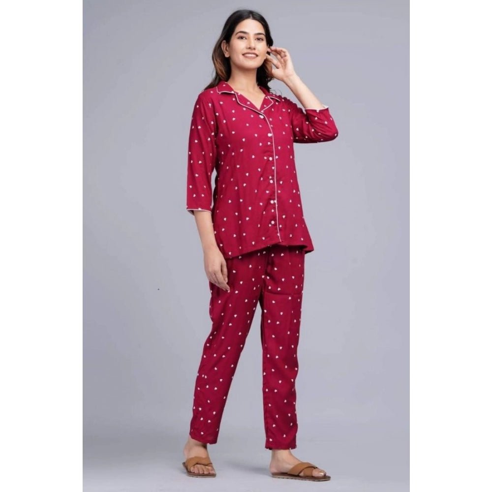 Generic Women's Casual Rayon 3-4th Sleeve Night Suit Set (Maroon)