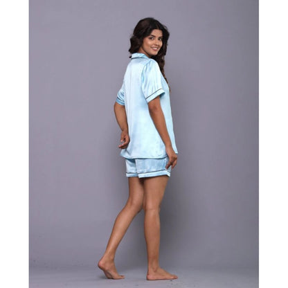 Generic Women's Casual Satin Half Sleeve Night Suit Set (Blue)